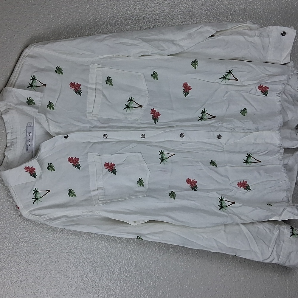 Billy T Womens Button Up Embroidered Palm And Flower Pattern L Fringe Detail